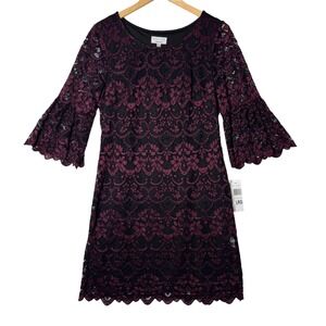 Robbie Bee Womens Large Purple Black Lace Bell Sleeve Cocktail‎ Party Dress New